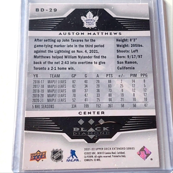 Auston Matthews Toronto Maple Leafs Black Diamond Upper Deck Extended 2021/22 - Picture 2 of 2
